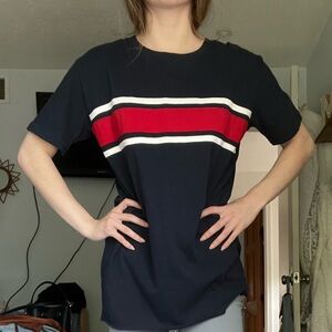Oversized red white and blue striped t shirt